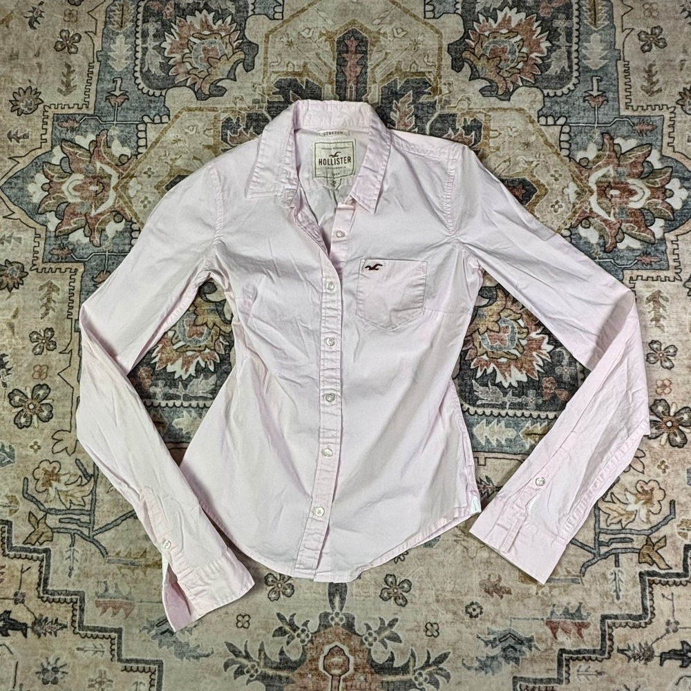 Y2K Hollister Womens XS Pink White Striped Long Sleeve Button Down Stretch Shirt